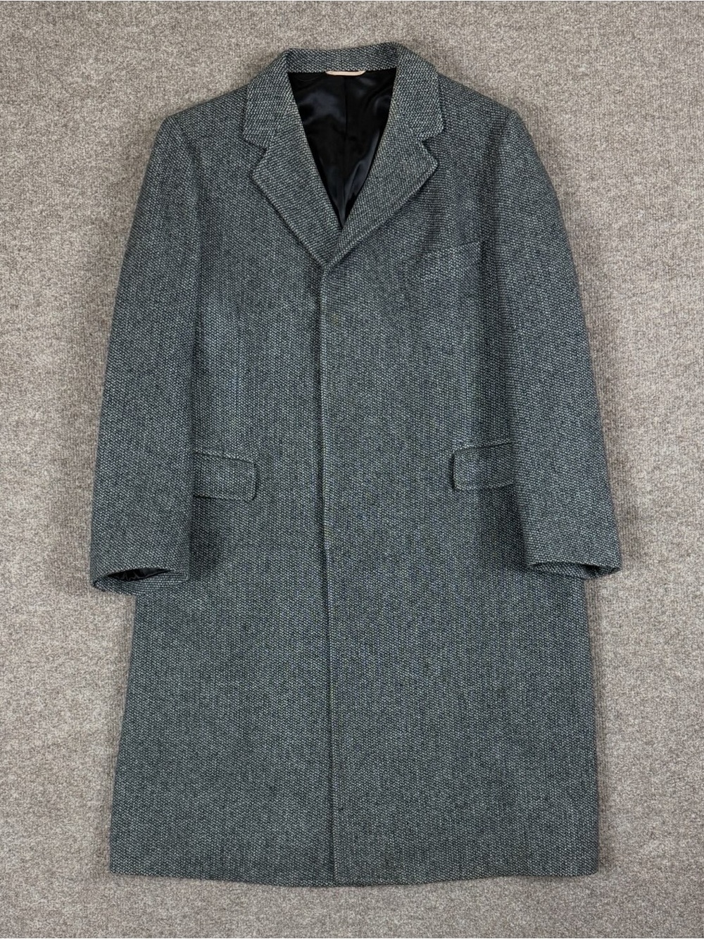 Vintage Gray Black Tweed Wool Overcoat Men's Large USA Made Long Winter Top Coat